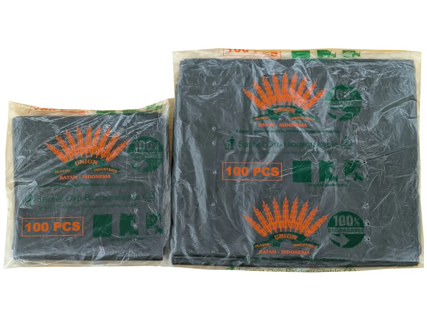 Union biodegradable black plastic bags in 100-piece packs