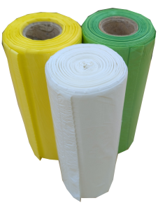 Yellow, green, and white plastic bag rolls