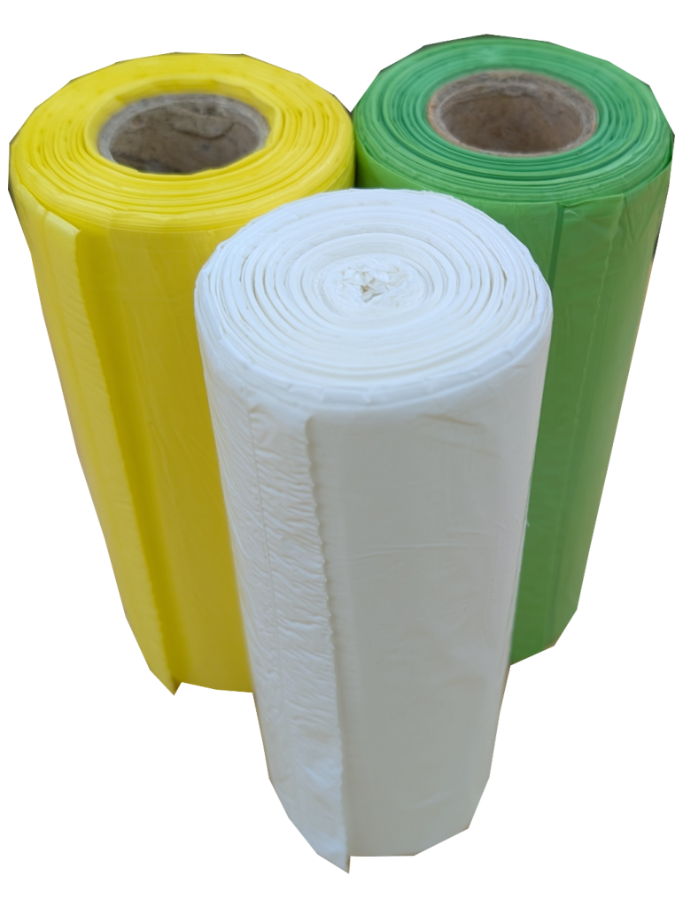 Yellow, green, and white plastic bag rolls