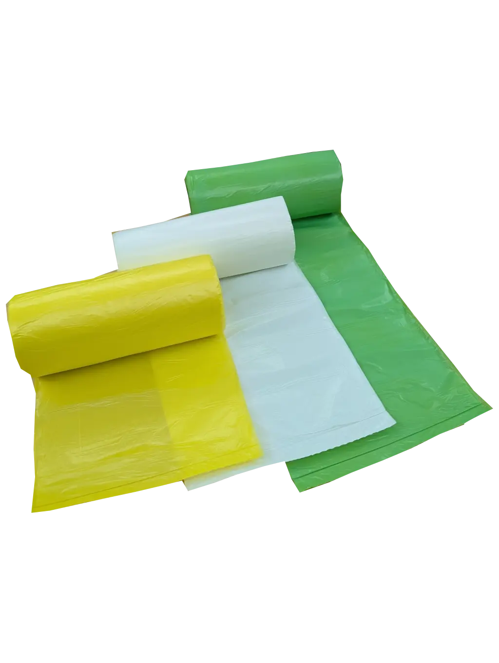 Yellow, white, and green plastic bags unrolled