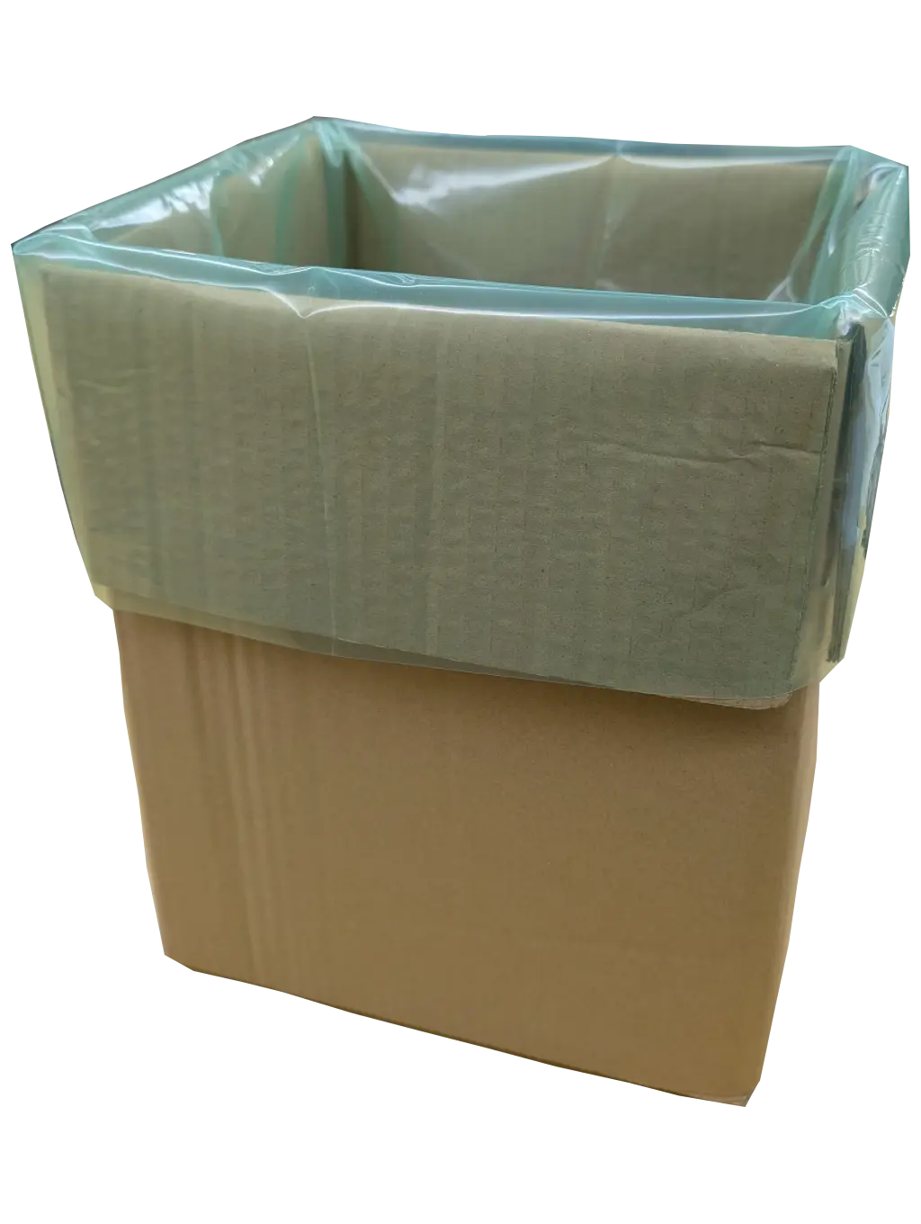 Open-top cardboard box with a padded foam insert wrapped in plastic.